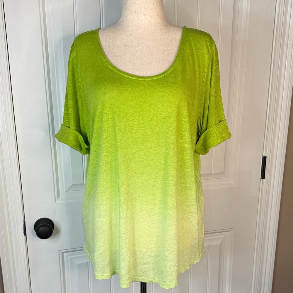 Ralph Lauren Womens Scoopneck Ombre Short Sleeve Top 2X 100% Linen Green /White